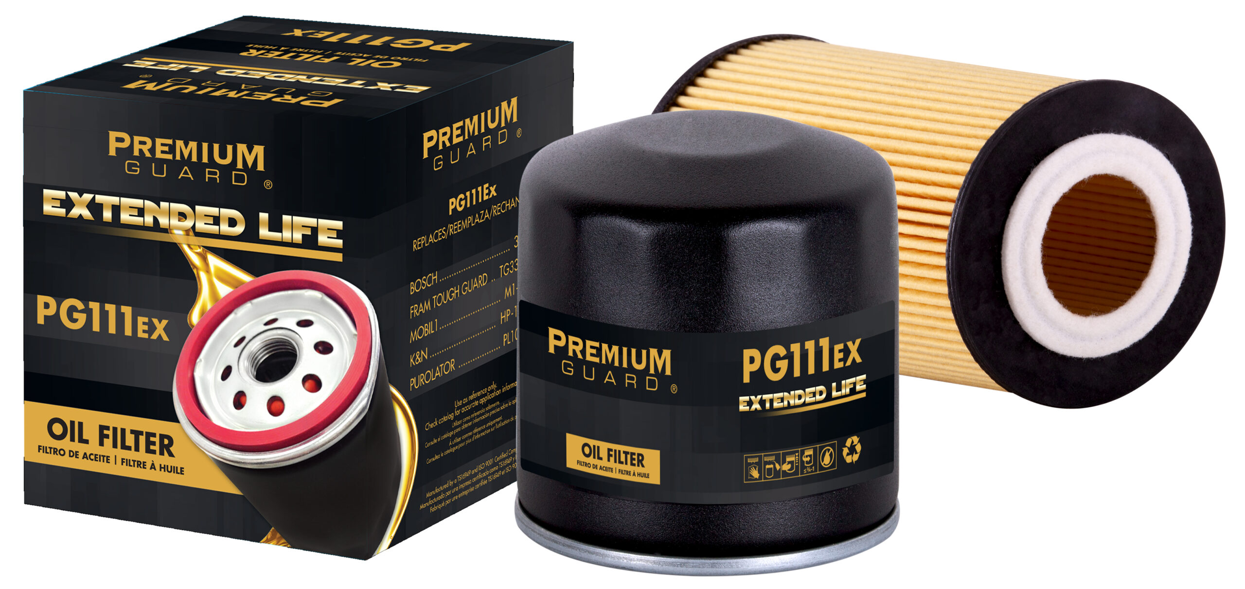 premium guard extended life oil filters collage